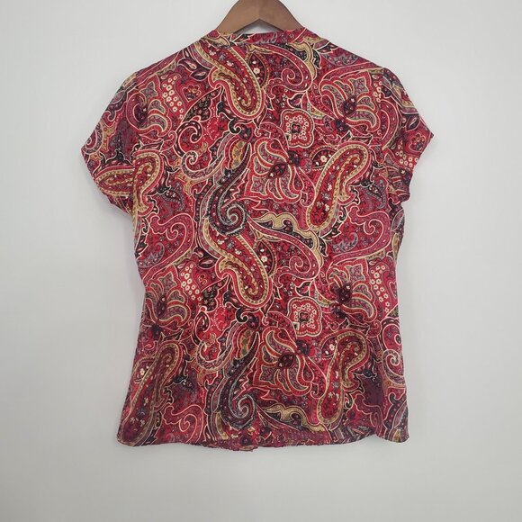 Coldwater Creek Womens 100% Silk Red Paisley Blouse Size M Smocked Old Money - Picture 2 of 8